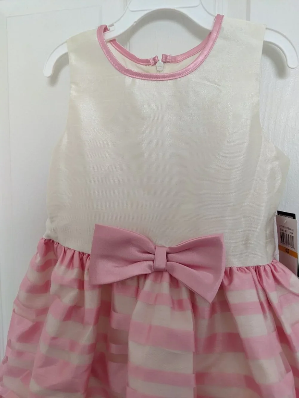 New Jayne Copeland Girls Dress White/Pink Taffeta Stripes Bow Festive SZ 6X